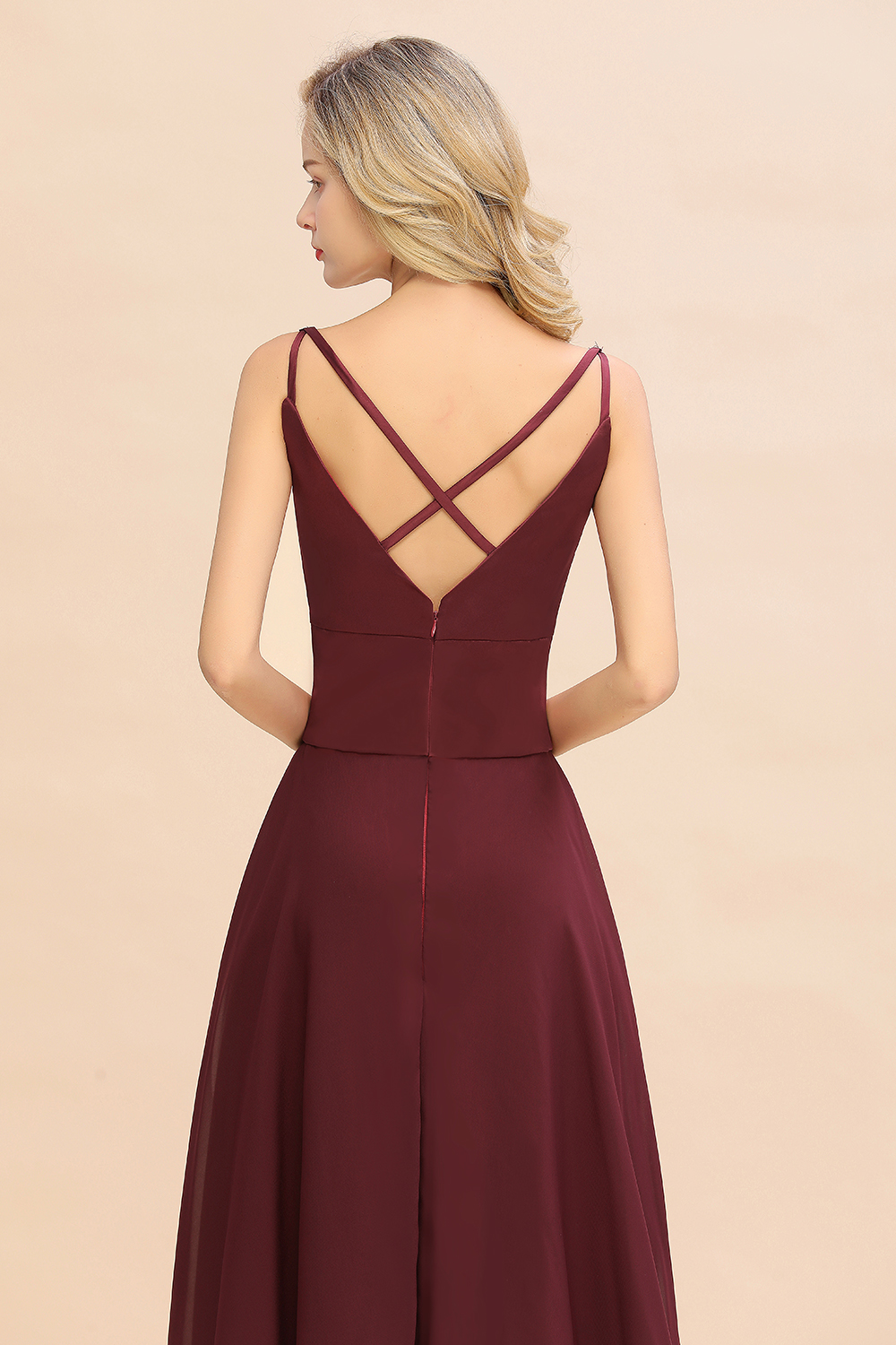 BMbridal Simple Satin Chiffon Spaghetti-Straps Burgundy Long Bridesmaid Dress-BMbridal