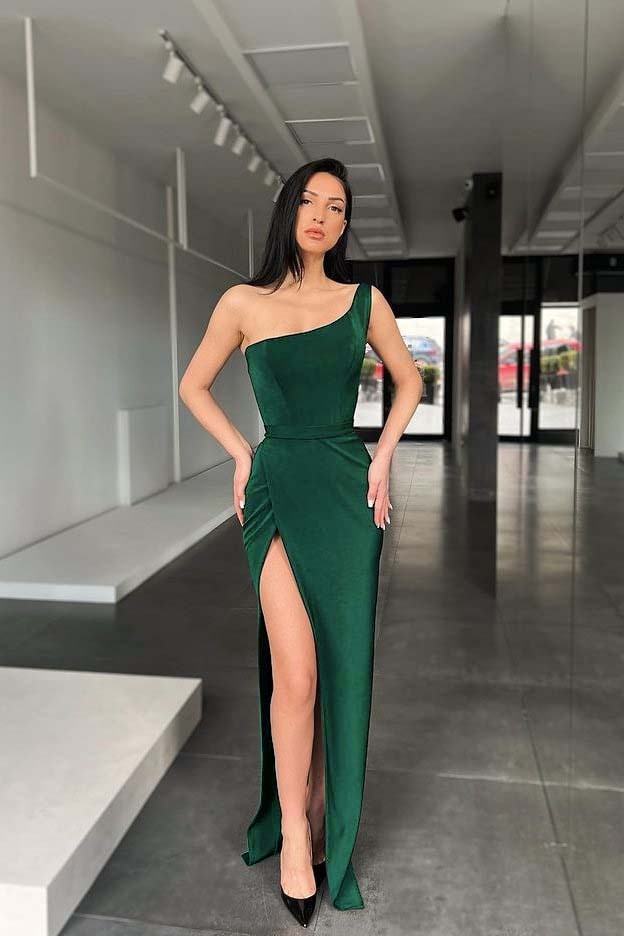 Mermaid One Shoulder Sleeveless Black Pleated Prom Dress With High Split