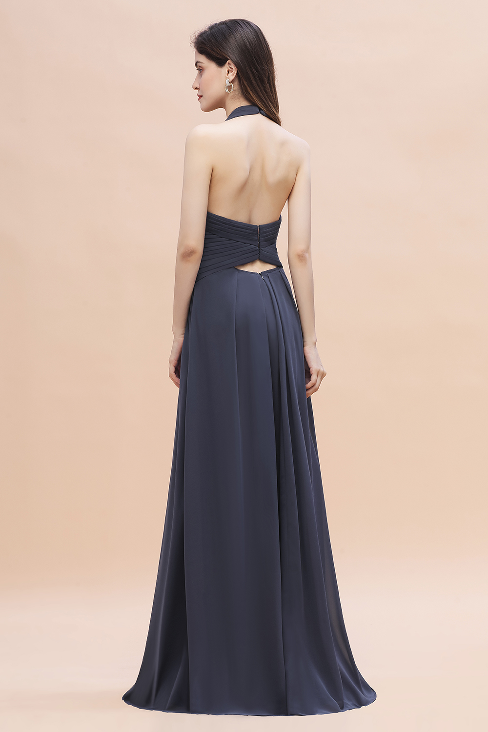 BMbridal Gorgeous Halter Chiffon Ruffles Bridesmaid Dress with Front Slit Online-BMbridal