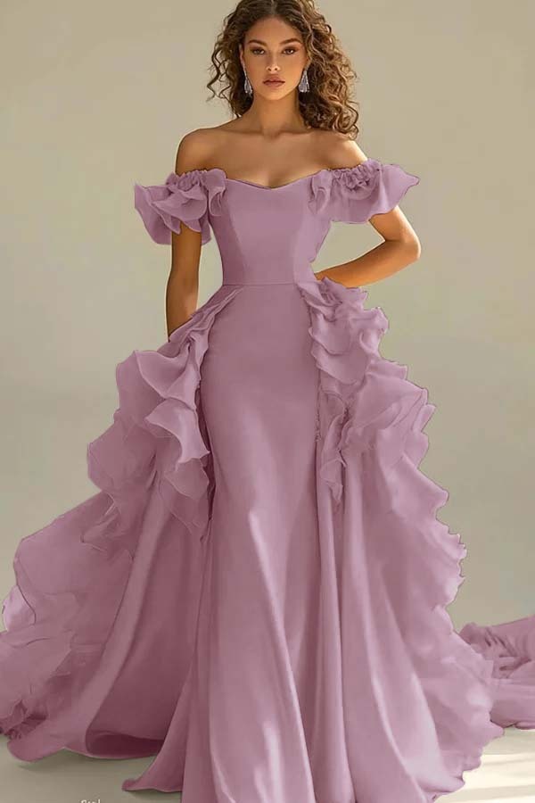 Off the Shoulder Sleeveless Long Mermaid Prom Dress With Ruffles