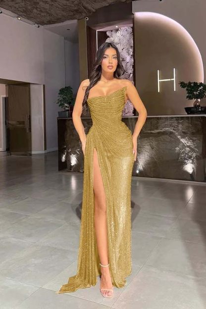 Strapless Sleeveless High Split Long Prom Dress With Pleated