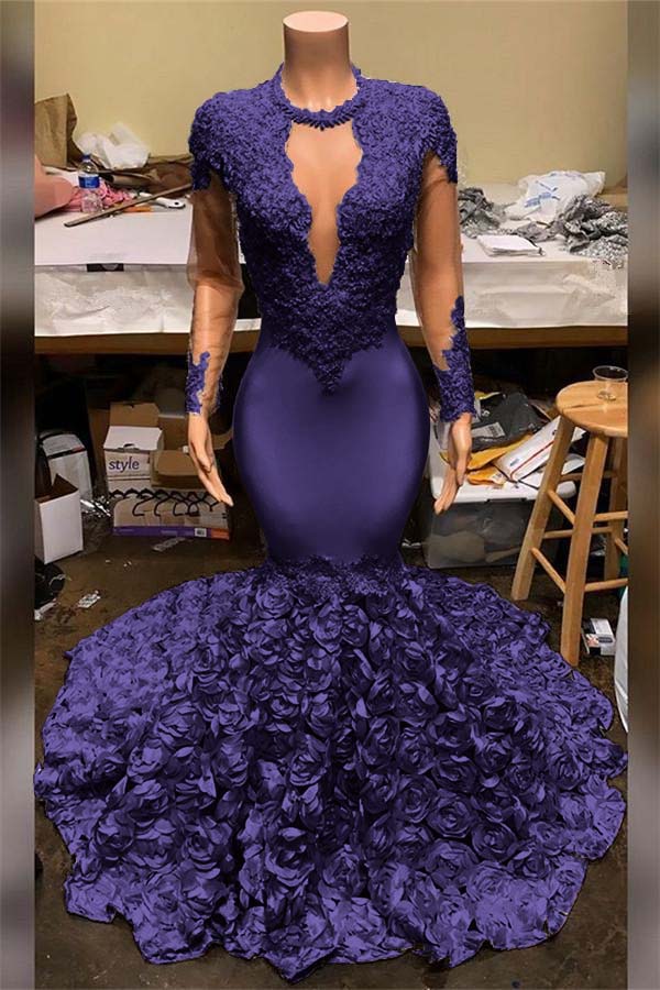 Elegant Mermaid V Neck Prom Dress Appliques Long Sleeves With Flowers Bottom