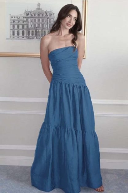 Strapless Sleeveless A Line Long Prom Dress With Pleated Pockets