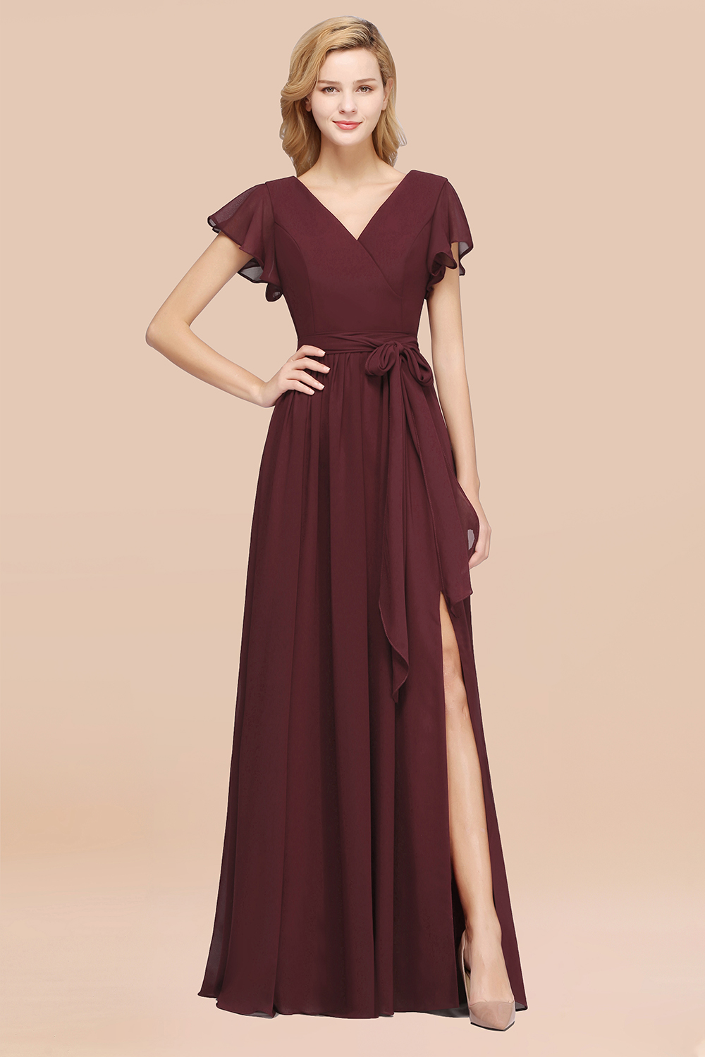 BMbridal Burgundy V-Neck Long Bridesmaid Dress With Short-Sleeves-BMbridal