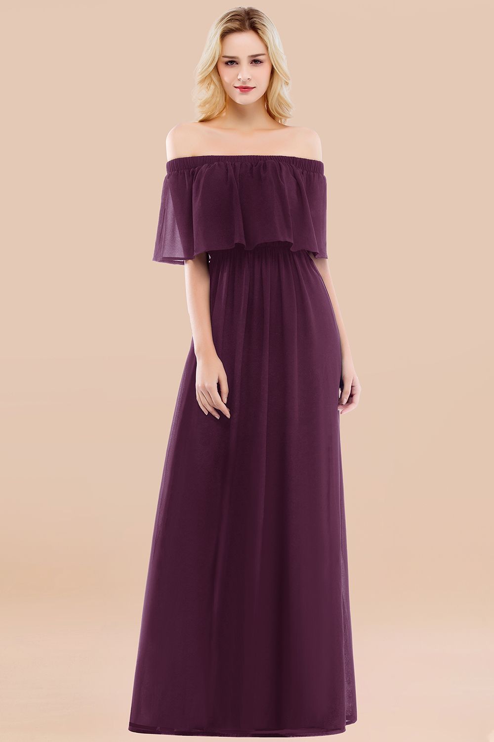 BMbridal Vintage Off-the-Shoulder Long Burgundy Bridesmaid Dress with Ruffle-BMbridal