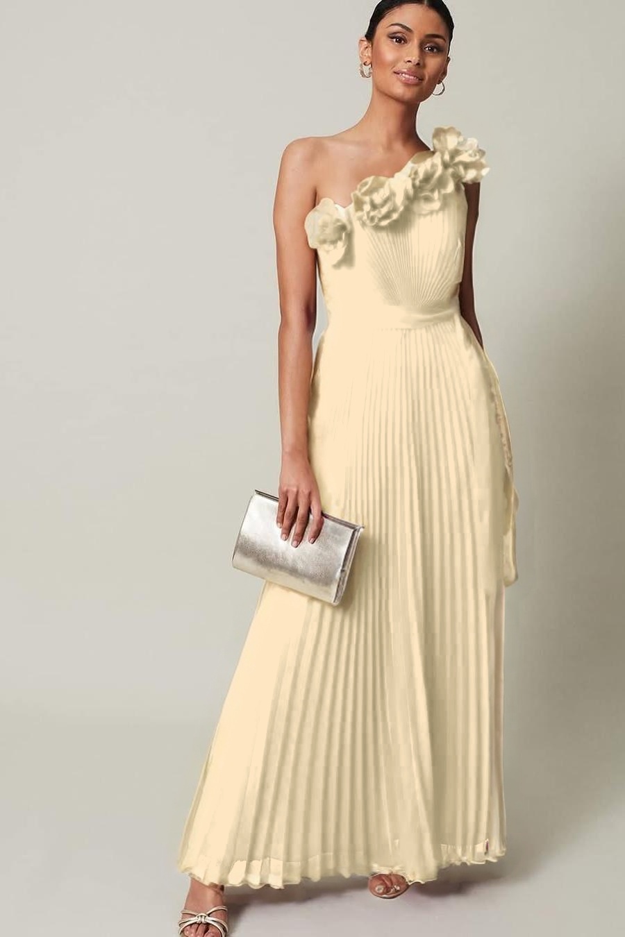 Chiffon One Shoulder Sleeveless Long Prom Dress With Pleated