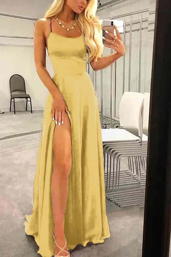 Spaghetti Strap Sleeveless Long Prom Dress With High Split Ruffles