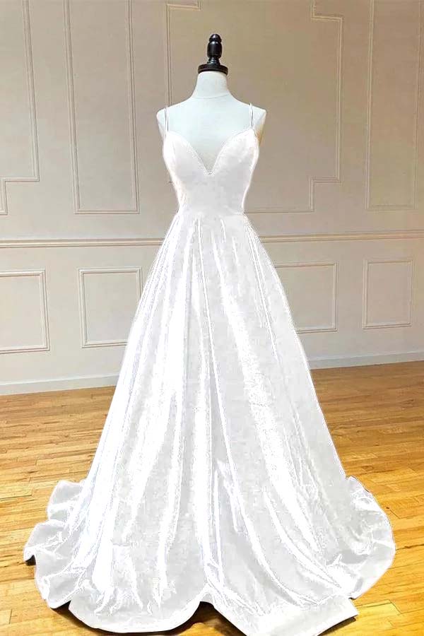 Spaghetti Strap V Neck Sleeveless Long Prom Dress With Pleated