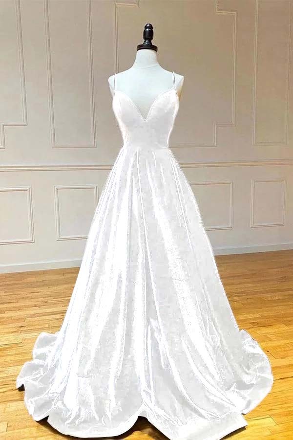 Spaghetti Strap V Neck Sleeveless Long Prom Dress With Pleated