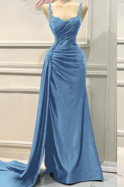 Charming Spaghetti Strap Sleeveless Pleated Long Prom Dress With Appliques