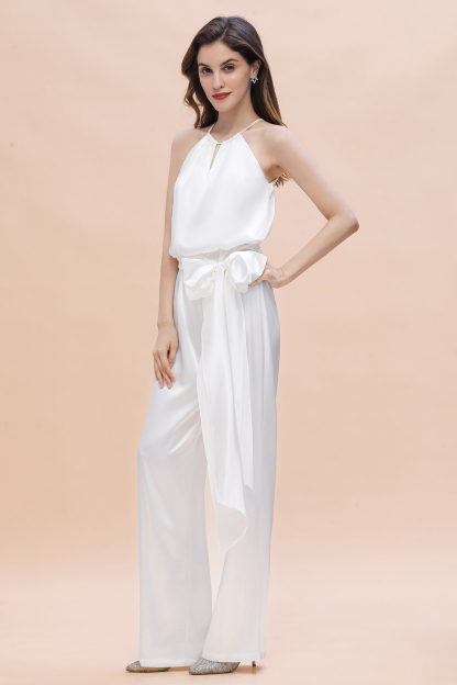 BMbridal Affordable Halter Sleeveless Ivory Charmeuse Bridesmaid Jumpsuit Online-BMbridal
