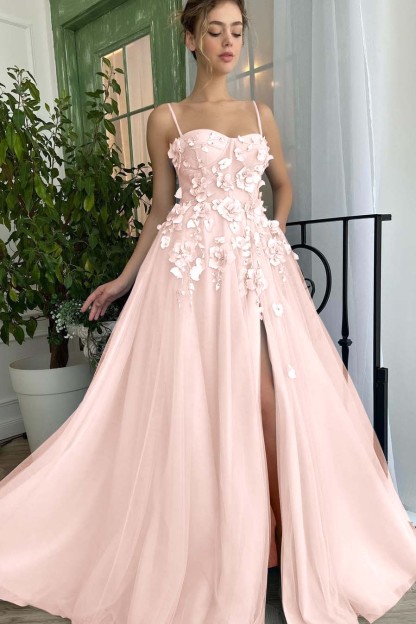 Baby Blue Sweetheart Flowers Appliques Spaghetti Strap Prom Dress With Split