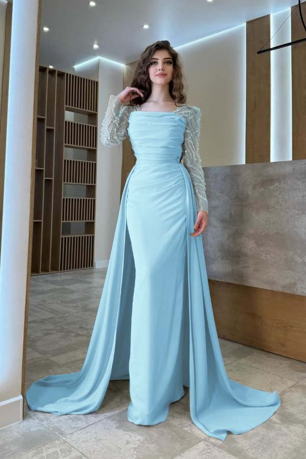 Long Sleeves Square Neck Long Mermaid Prom Dress With Pleated