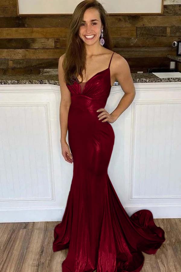 Spaghetti Strap Sleeveless Long Mermaid Prom Dress With Ruffles