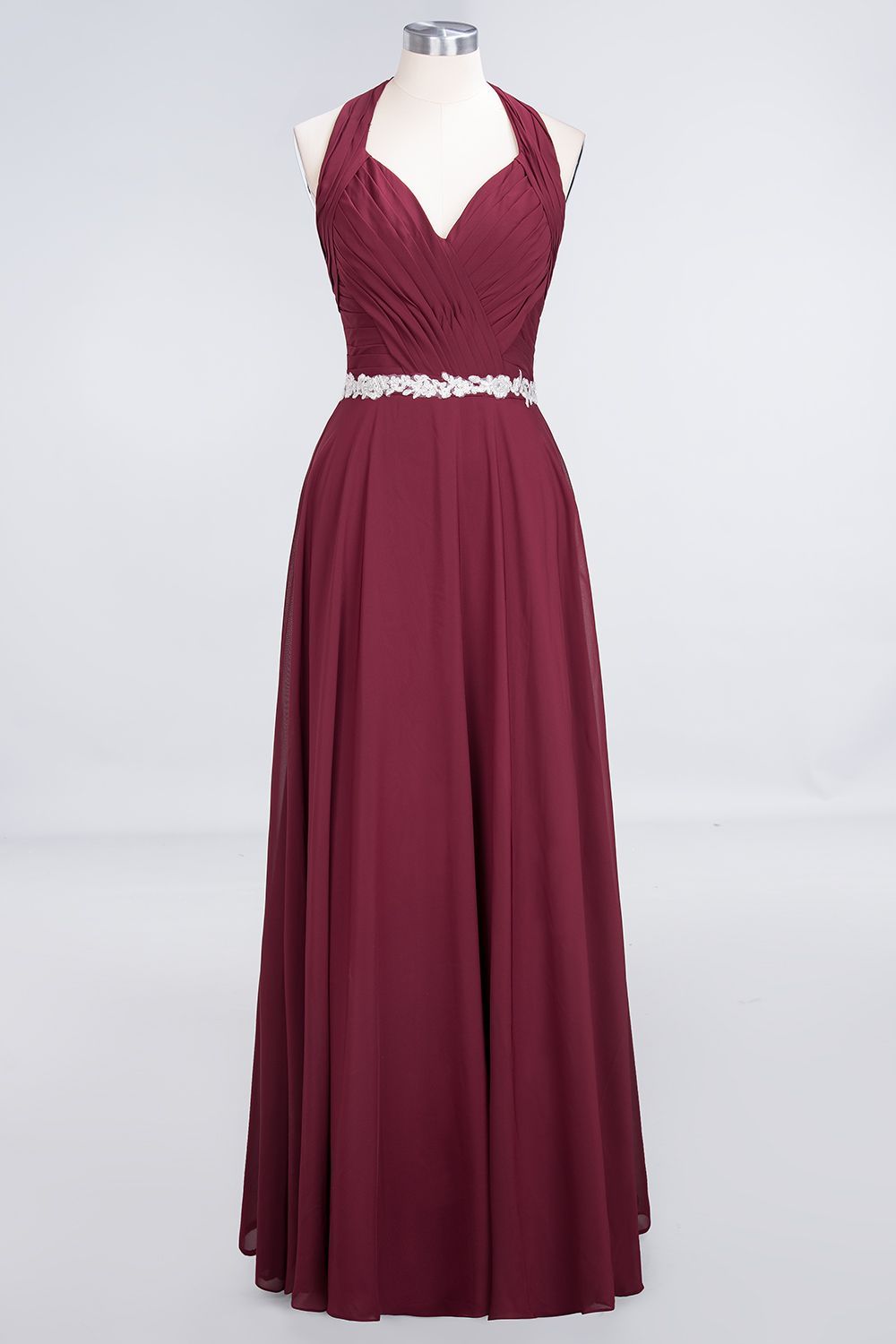 BMbridal Elegant Chiffon Halter V-Neck Ruffle Bridesmaid Dress with Appliques Sashes-BMbridal