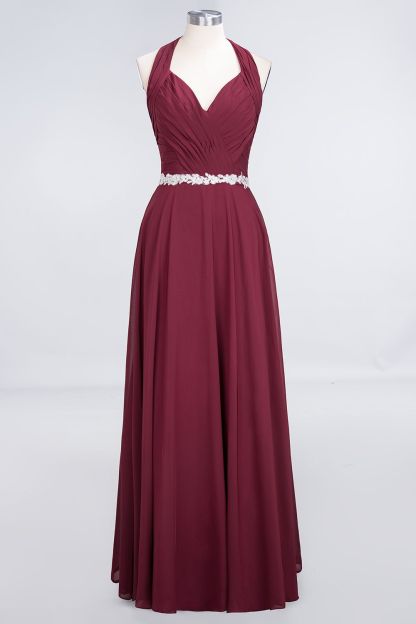 BMbridal Elegant Chiffon Halter V-Neck Ruffle Bridesmaid Dress with Appliques Sashes-BMbridal