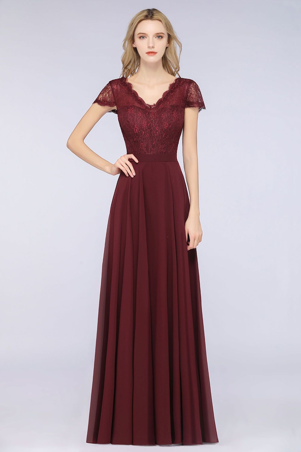 BMbridal Elegant Lace V-Neck Burgundy Bridesmaid Dress with Cap Sleeves-BMbridal