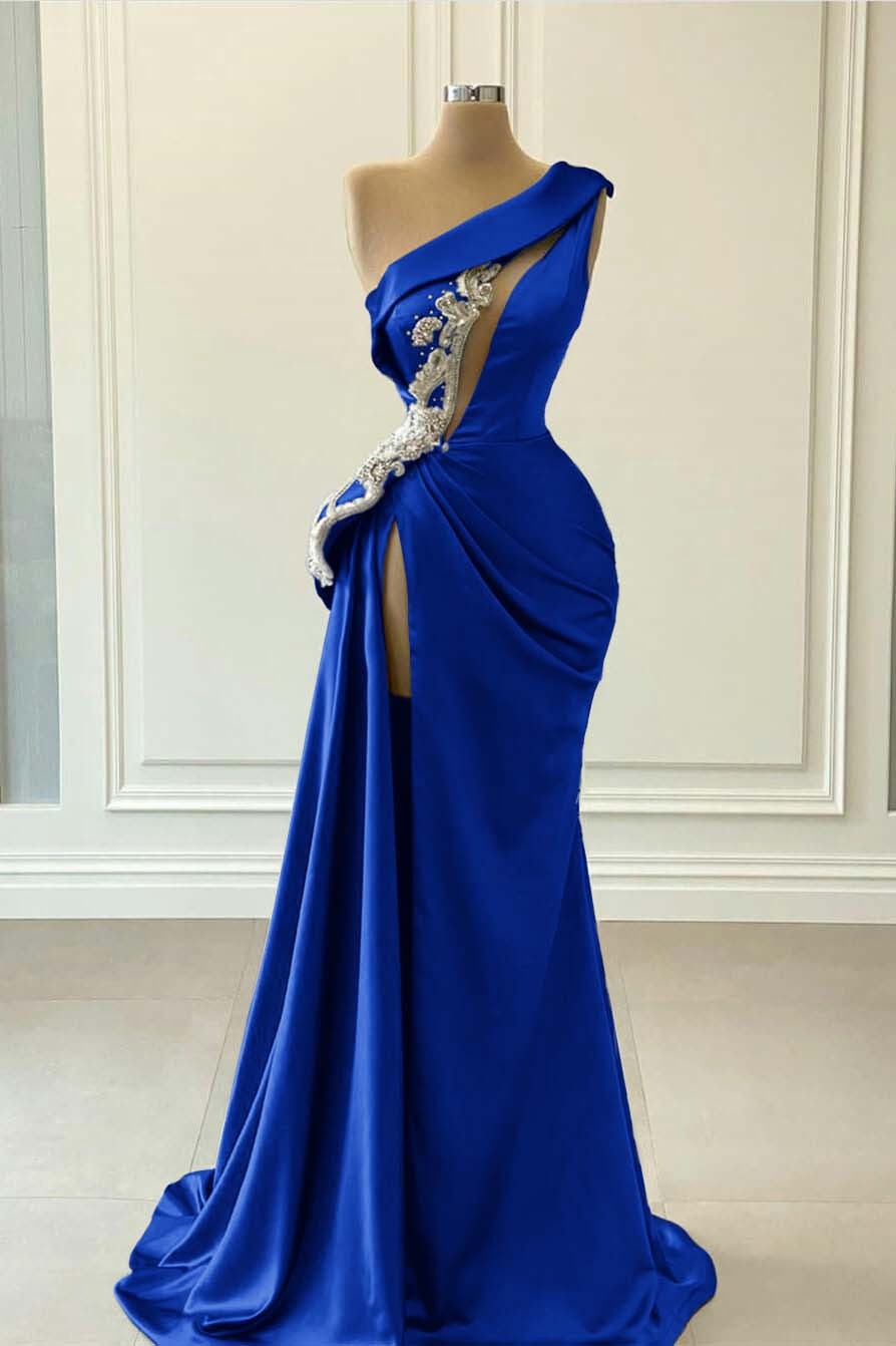 One Shoulder Sleeveless Blue High Split Long Mermaid Prom Dress With Beaded