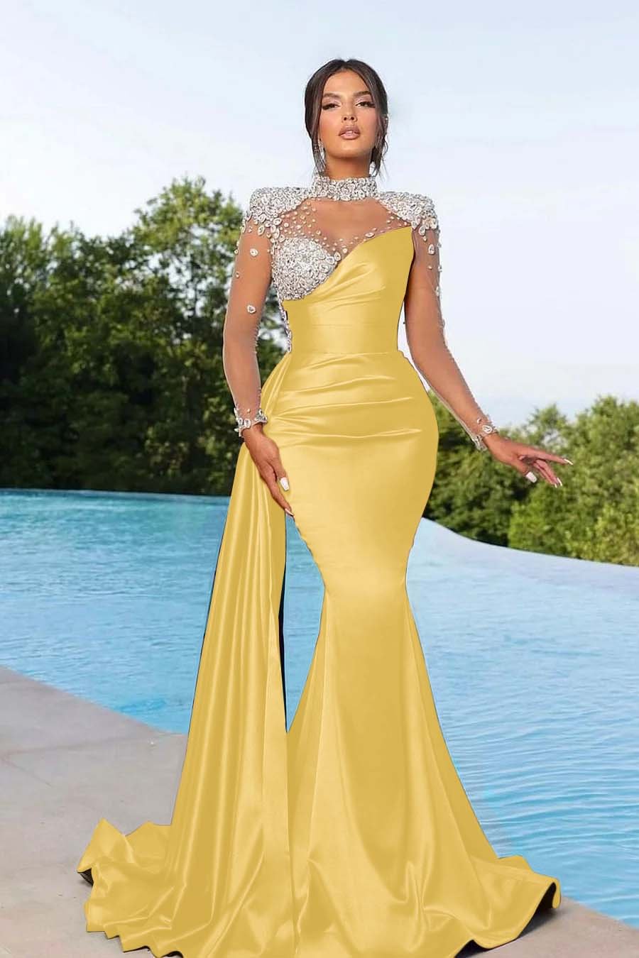 Bmbridal Black Long Sleeves Prom Dress Mermaid Crystal High Neck-BMbridal