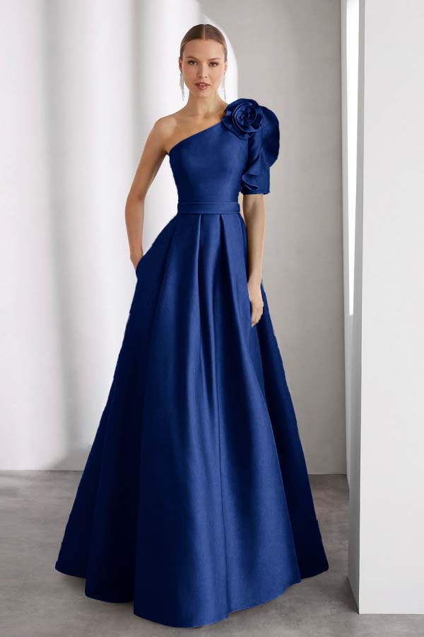 One Shoulder Sleeveless Long A Line Prom Dress With Pockets