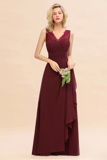 BMbridal Elegant Lace V-Neck Burgundy Chiffon Bridesmaid Dresses with Ruffle-BMbridal