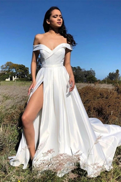 White Chic Off the Shoulder Strapless Sleeveless Front Split Prom Dress