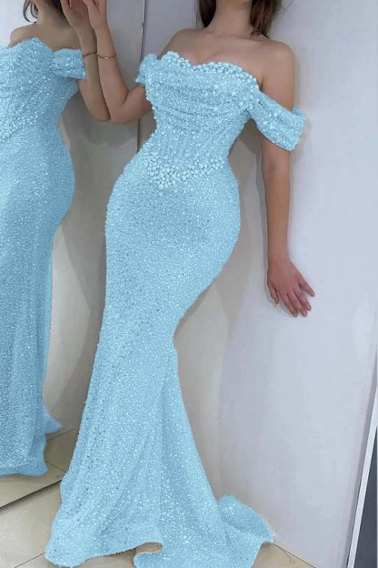 Off the Shoulder Strapless Sleeveless Long Prom Dress With Sequins