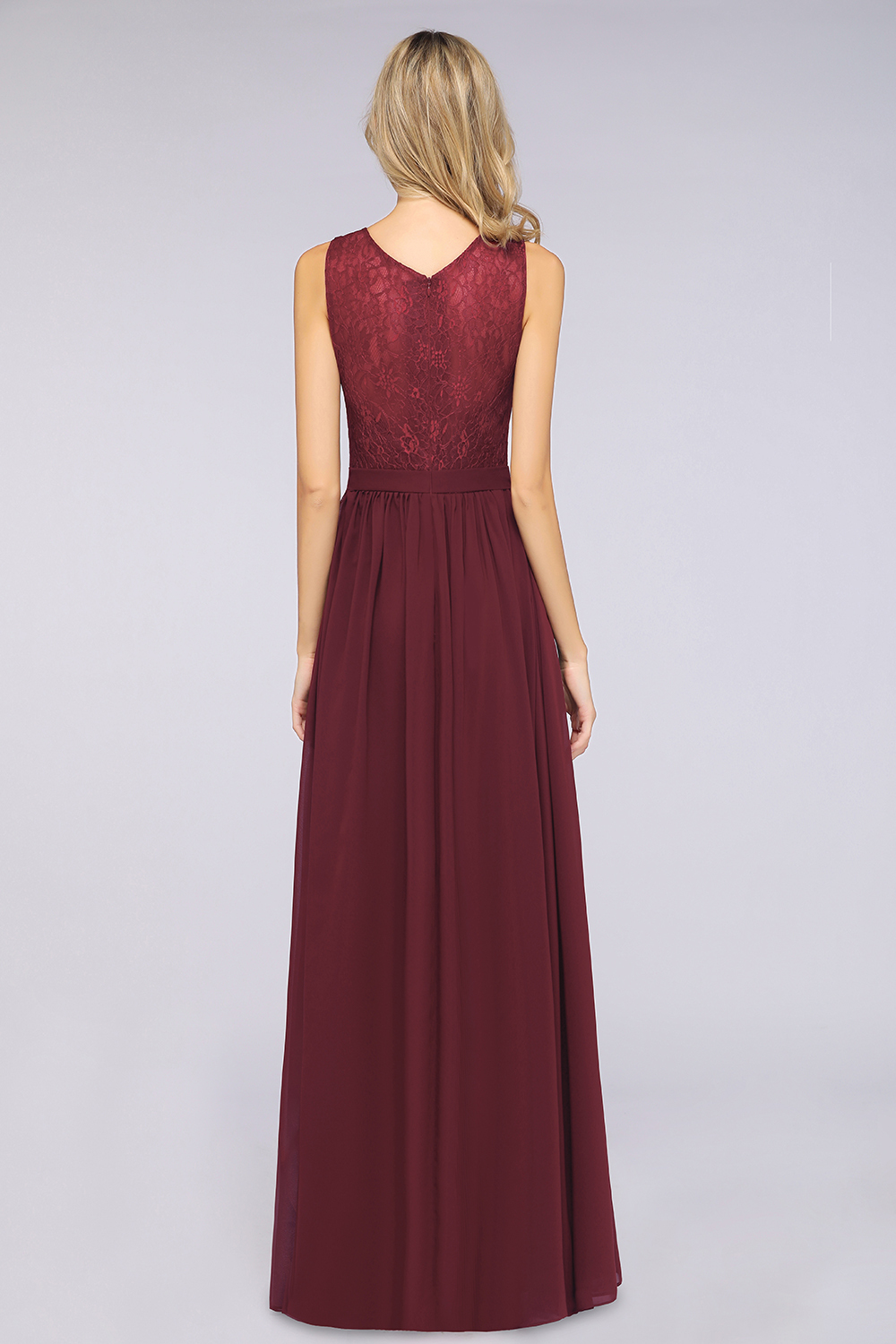 BMbridal Affordable Burgundy V-Neck Ruffle Bridesmaid Dresses with Lace-Back-BMbridal