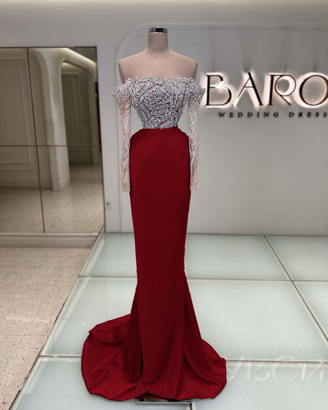 Off the Shoulder Long Sleeves  Long Mermaid Prom Dress With Beading