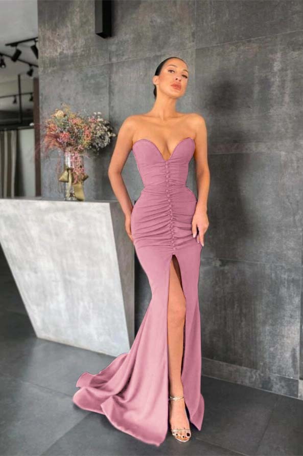Sleeveless Strapless Long Mermaid Prom Dress With Pleated Split
