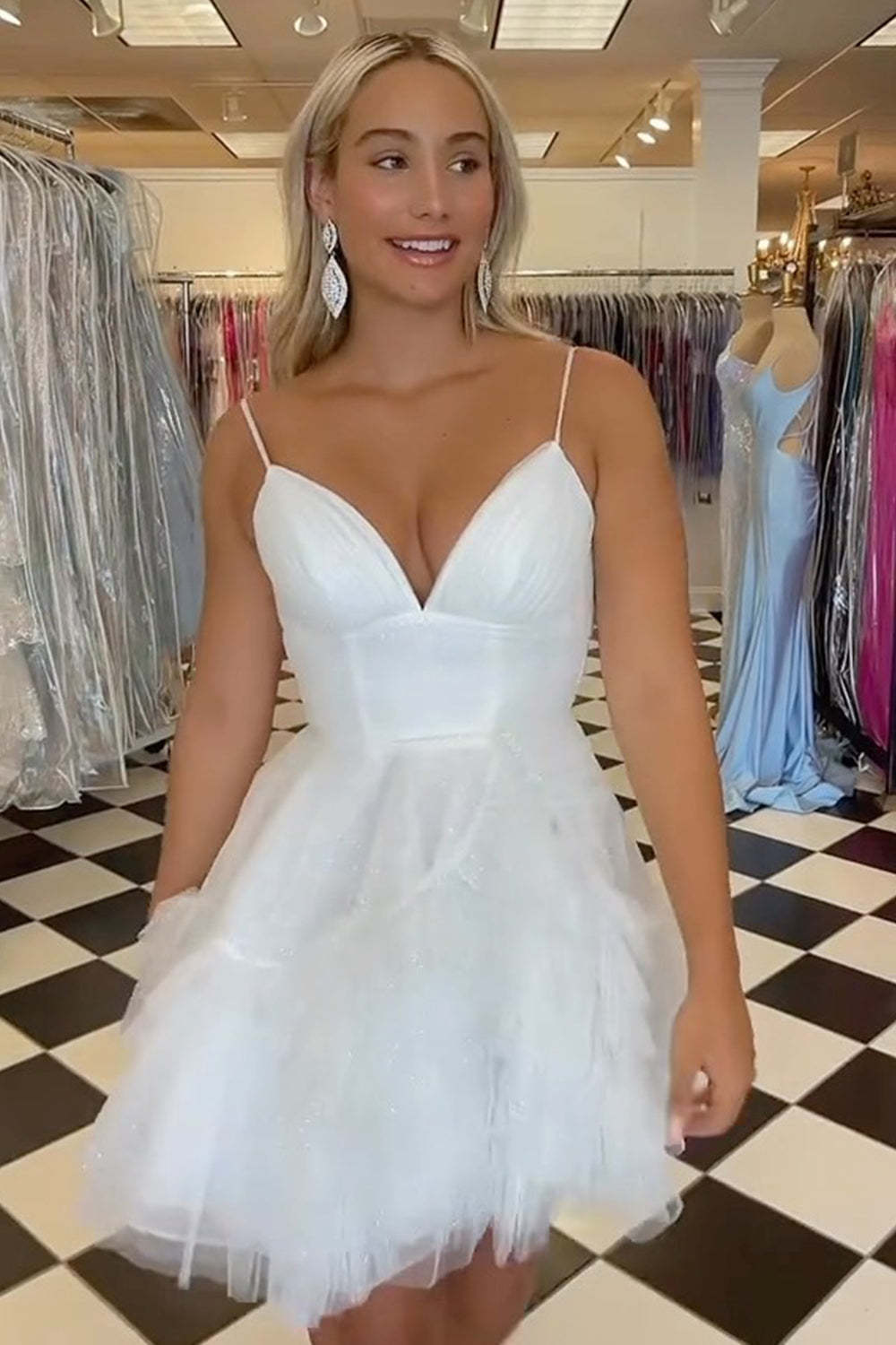 Glitter Pink Tulle A-Line Short Homecoming Dress with Ruffles