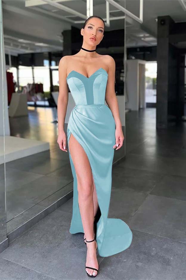 Strapless Sleeveless Long Mermaid Prom Dress With Split Pleated