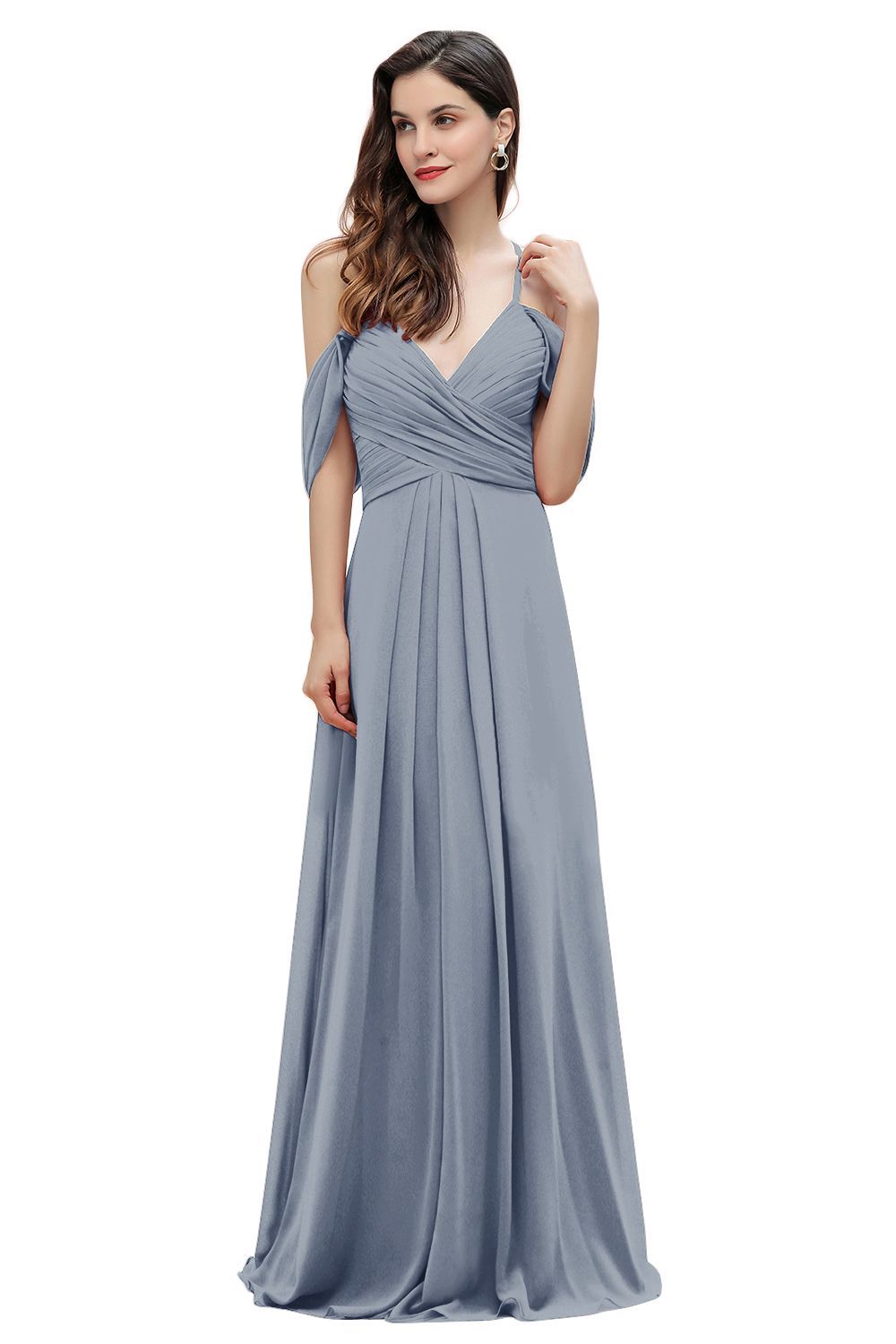 Elegant A-line Off-the-Shoulder V-neck Ruched Long Bridesmaid Dress-BMbridal