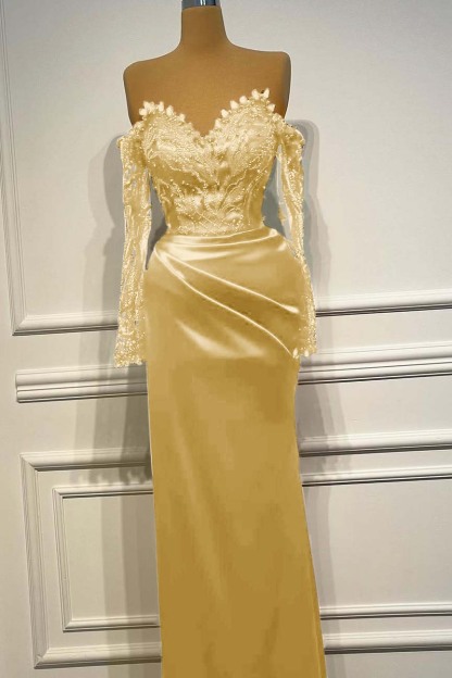 Long Sleeves Strapless Long Mermaid Prom Dress With Beading Pleated