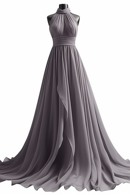 Chiffon Prom Dress Halter Purple Sleeveless Long Pleated Ruffles