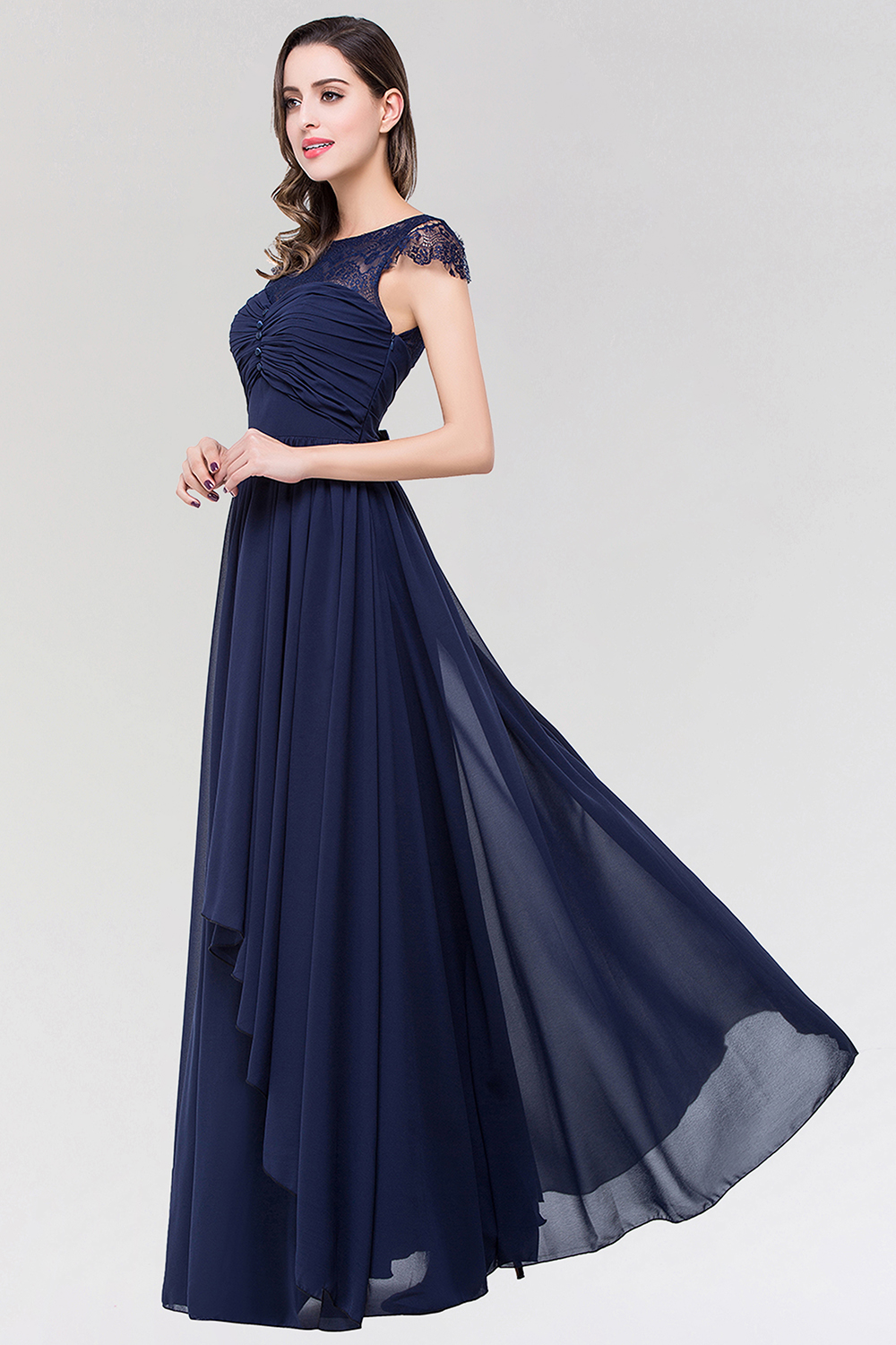 BMbridal Elegant Lace Scoop Sleeveless Navy Bridesmaid Dress with Buttons-BMbridal