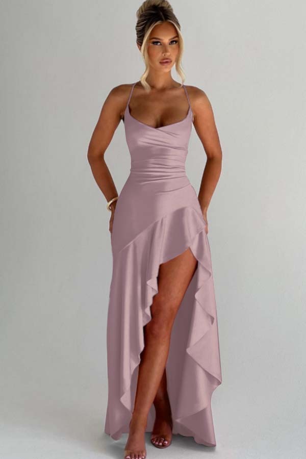 Spaghetti Strap Sleeveless Long Split Prom Dress With Pleated