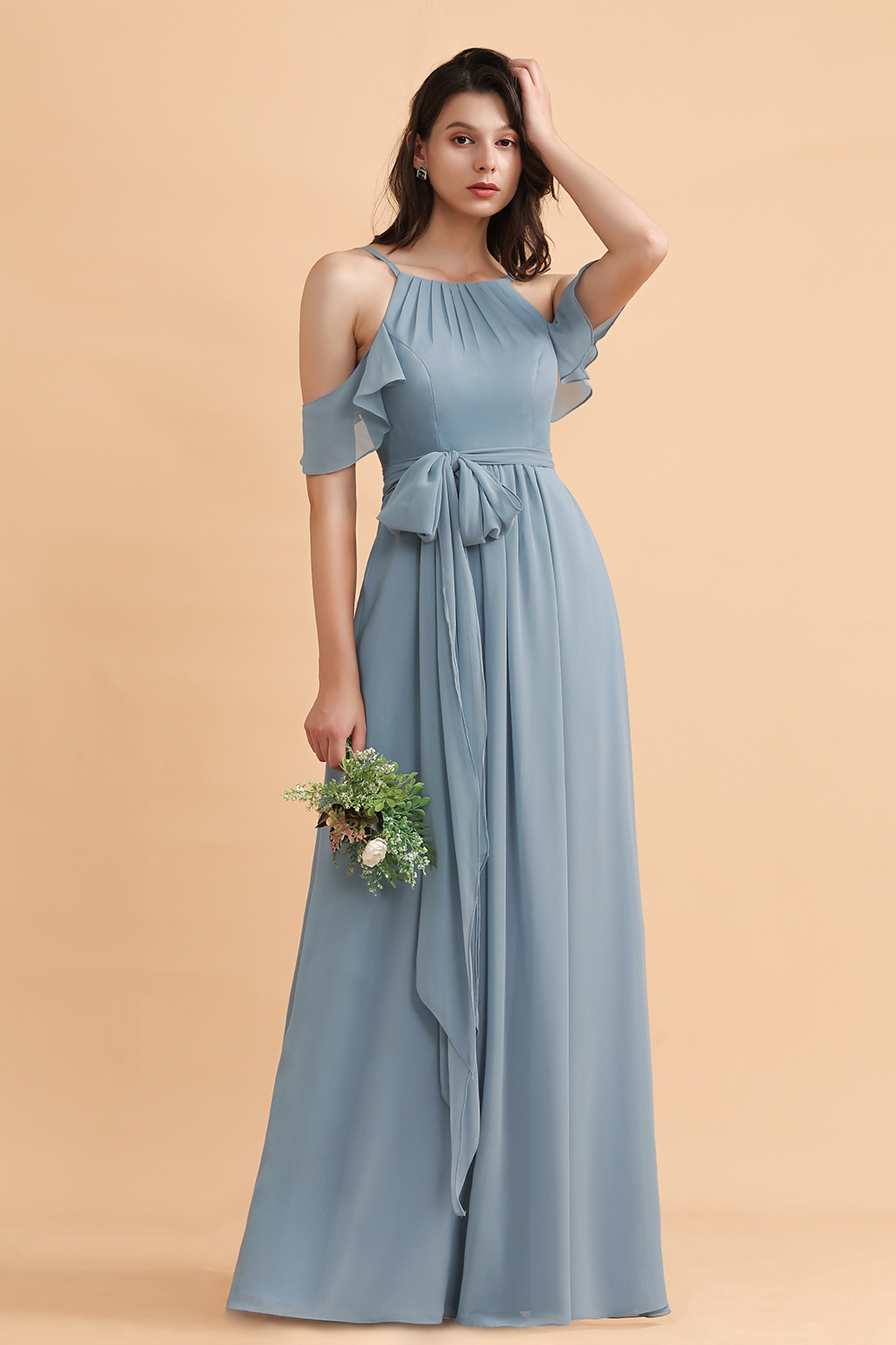 BMbridal Stylish Cold-Shoulder Ruffles Chiffon Bowknot Bridesmaid Dress with Pockets On Sale-BMbridal
