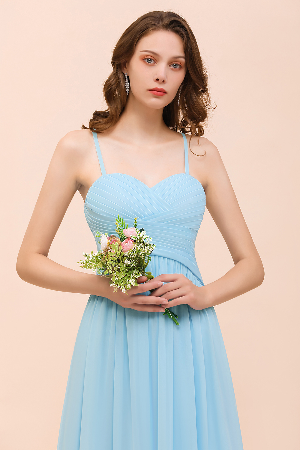 BMbridal Chic Spaghetti Straps Ruffle Sky Blue Chiffon Bridesmaid Dress Online-BMbridal