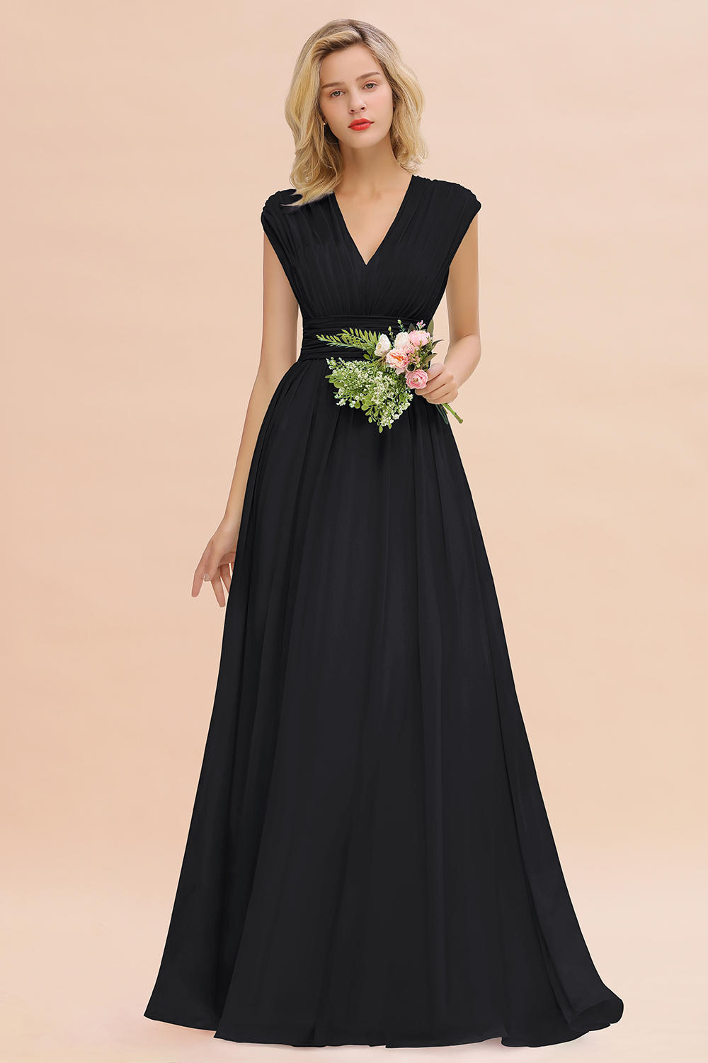 BMbridal Elegant Chiffon V-Neck Ruffle Long Bridesmaid Dresses Affordable-BMbridal