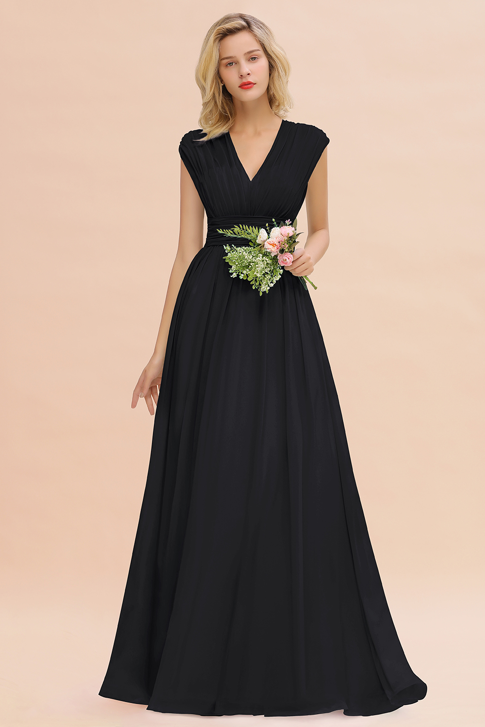 BMbridal Elegant Chiffon V-Neck Ruffle Long Bridesmaid Dresses Affordable-BMbridal