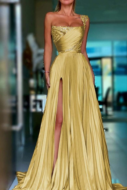 One Shoulder Sleeveless Long Prom Dress With High Split Sequins