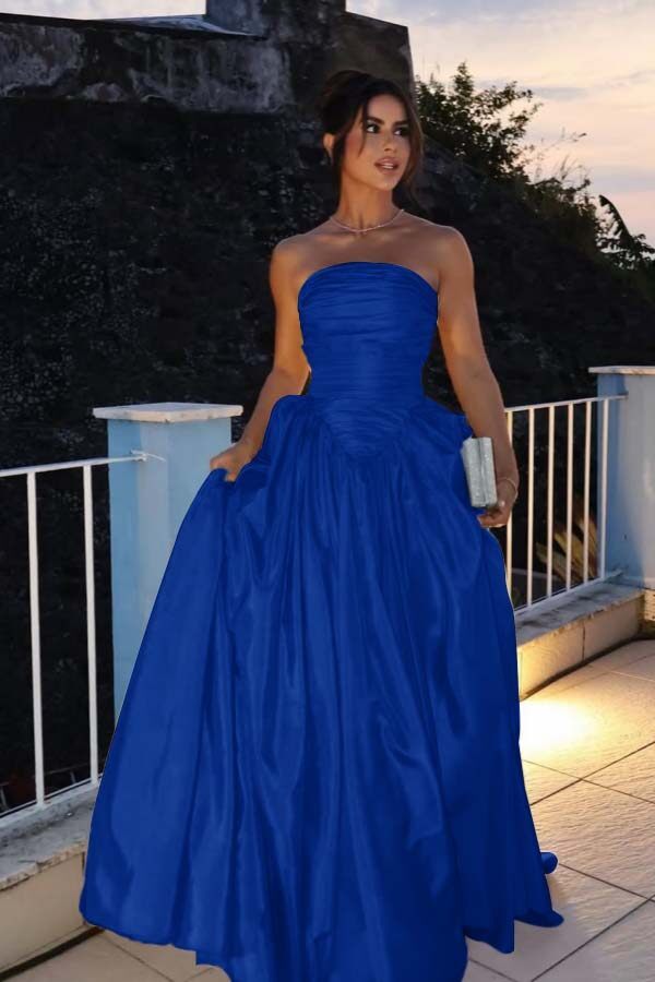 Glamorous Strapless Sleeveless Long Prom Dress With Pleated