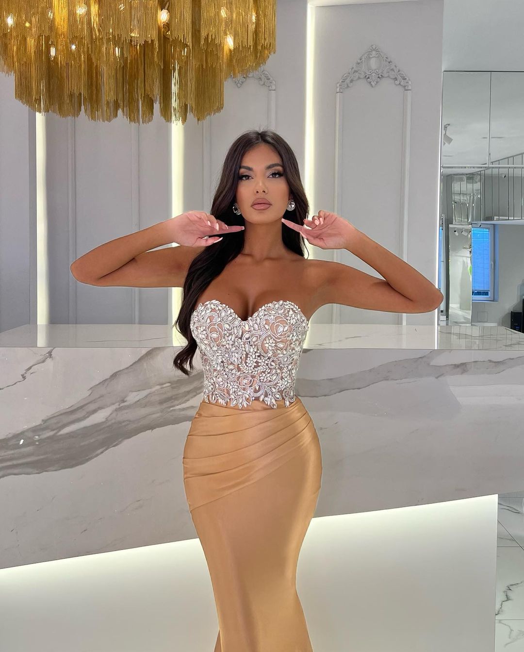 Prom Dress Satin Gold Sweetheart Sleeveless Strapless With Rhinstone Mermaid