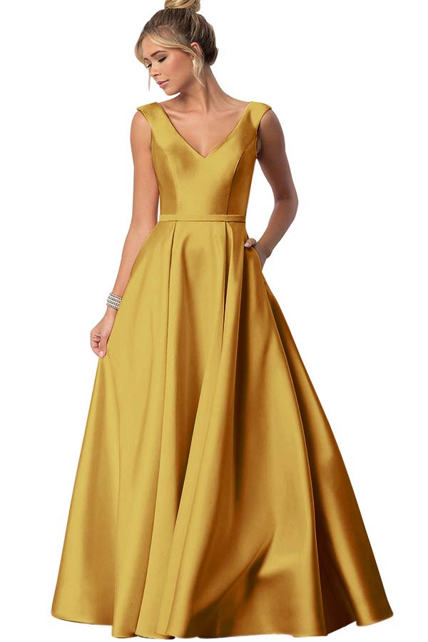 Straps V Neck Sleeveless Long Prom Dress With Pockets Pleated