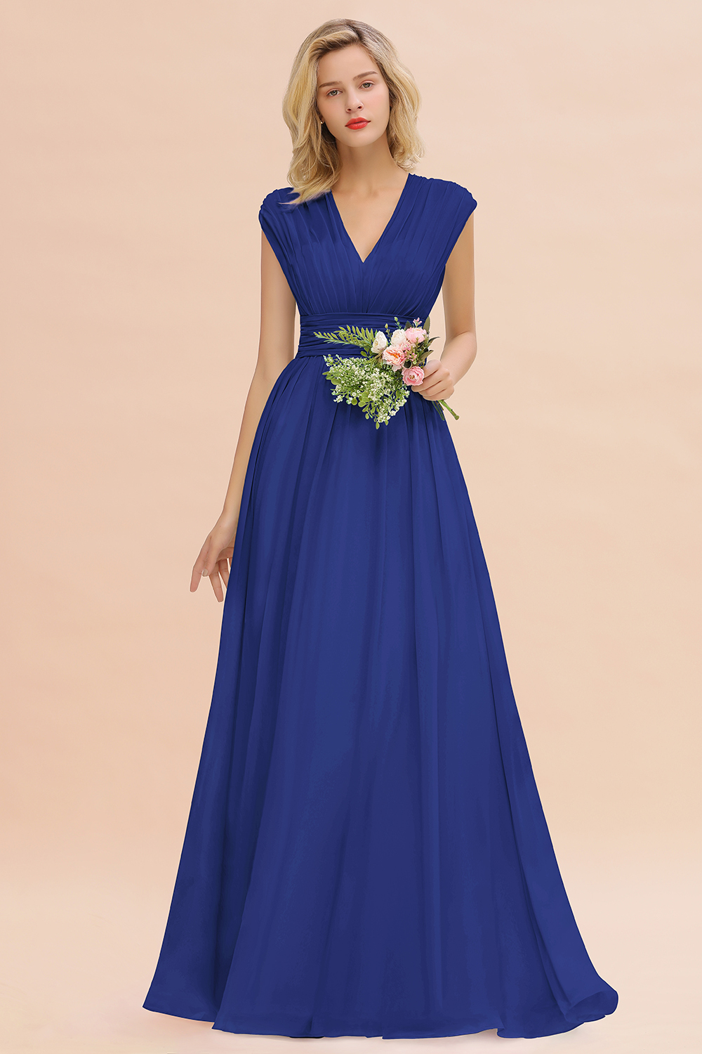 BMbridal Elegant Chiffon V-Neck Ruffle Long Bridesmaid Dresses Affordable-BMbridal