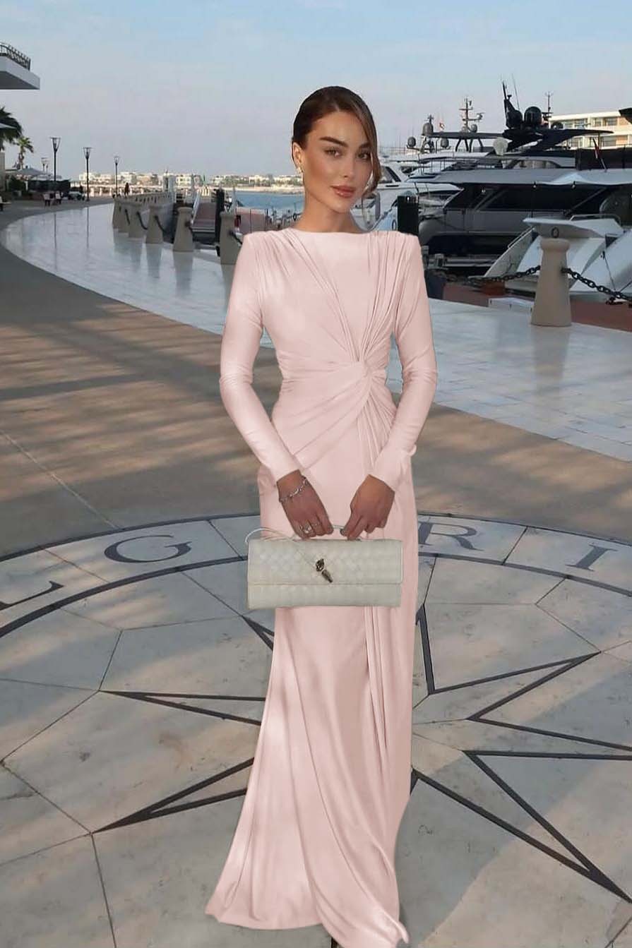 Chic Jewel Long Sleeves Mermaid Long Prom Dress With Pleated