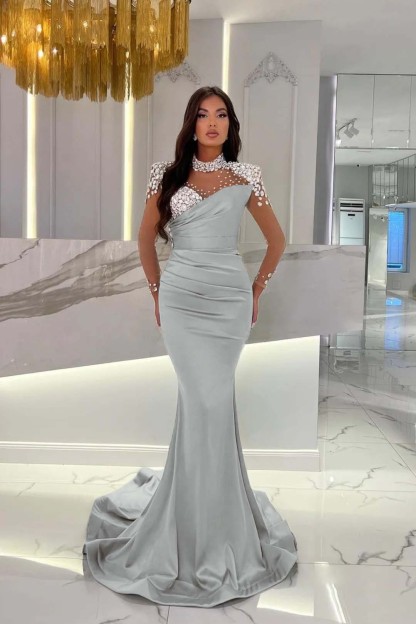 Dusty Blue Prom Dress Long Mermaid Tulle With Beading Ruffles