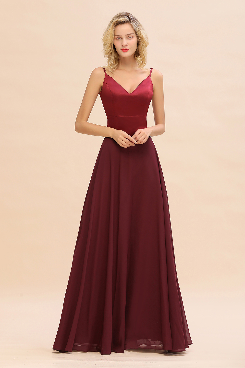 BMbridal Simple Satin Chiffon Spaghetti-Straps Burgundy Long Bridesmaid Dress-BMbridal