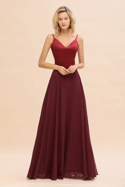BMbridal Simple Satin Chiffon Spaghetti-Straps Burgundy Long Bridesmaid Dress-BMbridal
